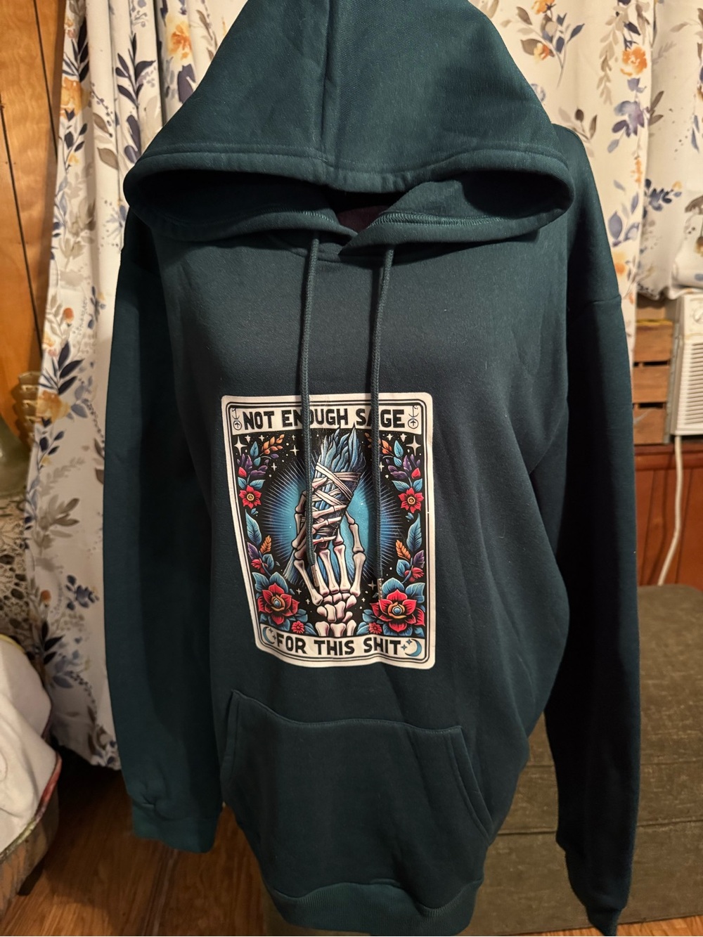 Dark Teal Graphic Hoodie with Floral Skeleton Print